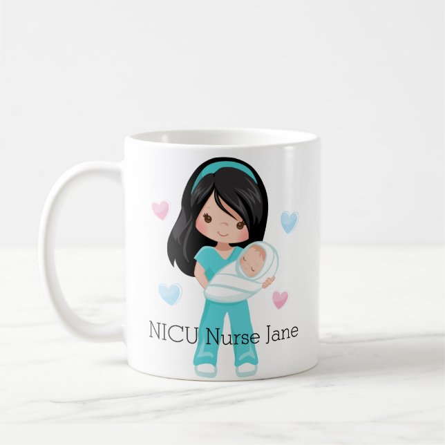Personalised Black Hair NICU Nurse with Baby Coffee Mug (Left)