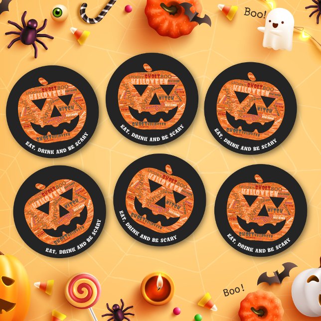 Personalised Black Halloween Pumpkin Typography Round Paper Coaster (Creator Uploaded)