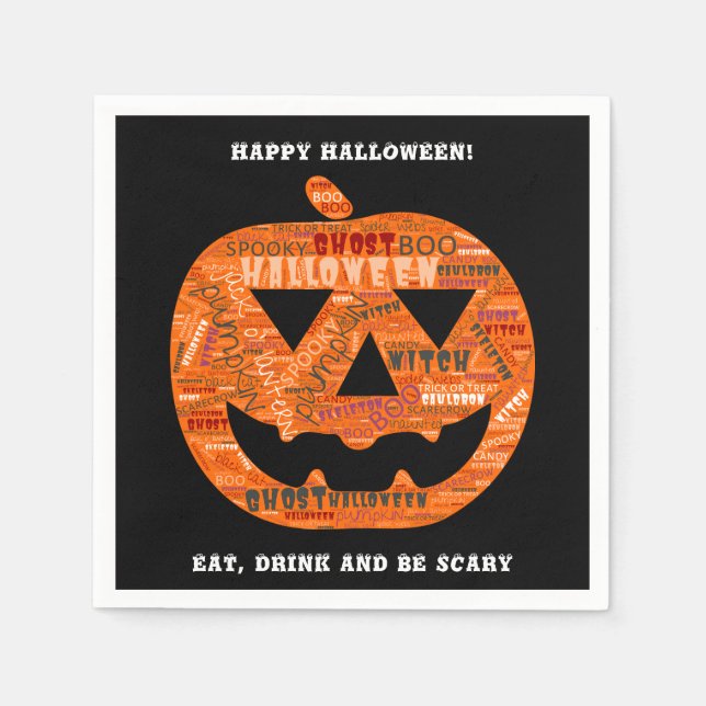 Personalised Black Halloween Pumpkin Word Cloud Napkin (Front)