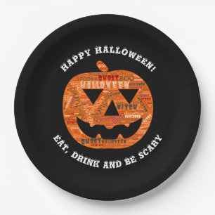 Personalised Black Halloween Pumpkin Word Cloud Paper Plate