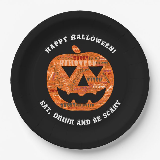 Personalised Black Halloween Pumpkin Word Cloud Paper Plate (Front)