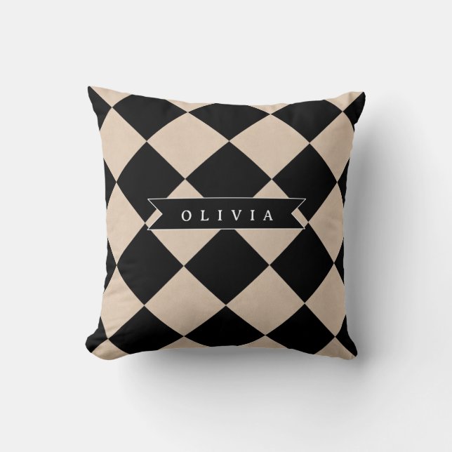 Personalised Black Harlequin Chequered Diamond Cushion (Front)