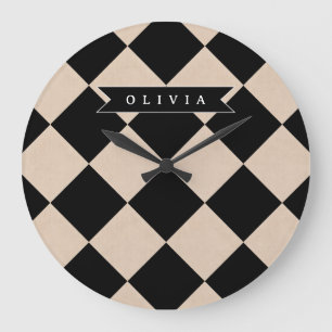 Personalised Black Harlequin Chequered Diamond Large Clock