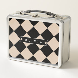Personalised Black Harlequin Chequered Diamond Metal Lunch Box