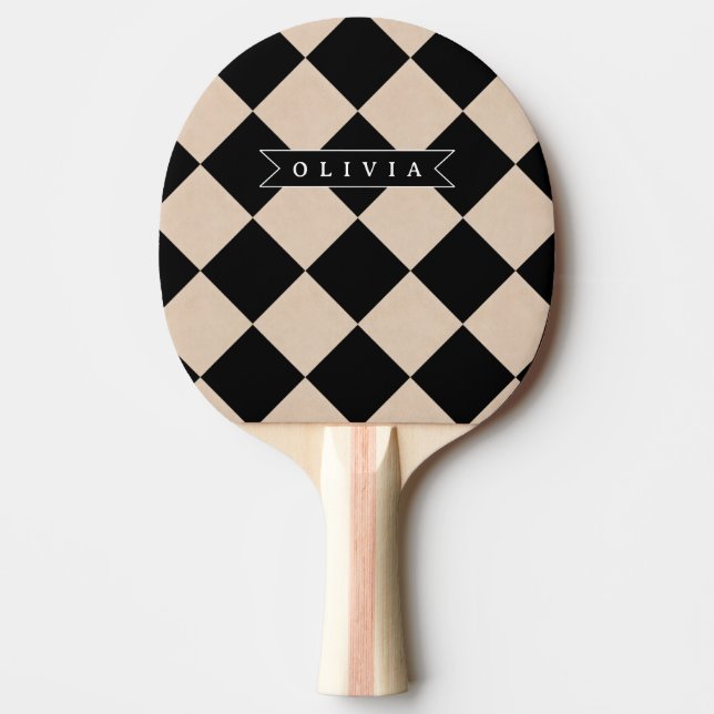 Personalised Black Harlequin Chequered Diamond Ping Pong Paddle (Front)