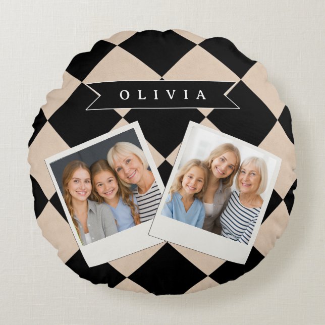 Personalised Black Harlequin Chequered Diamond Round Cushion (Front)