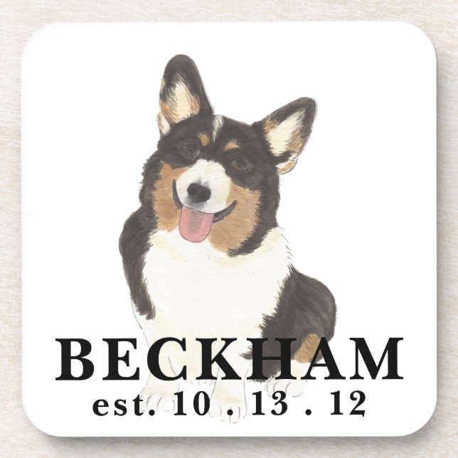 Personalised Black Headed Tricolor Corgi Coaster (Front)