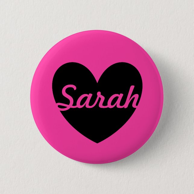 Personalised black heart on fuchsia pink 6 cm round badge (Front)