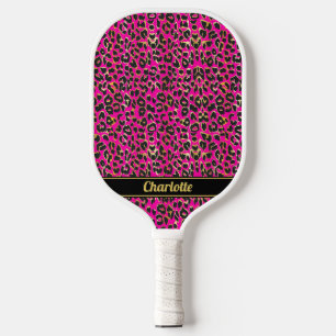 Personalised Black & Hot Pink Leopard Print Girls Pickleball Paddle