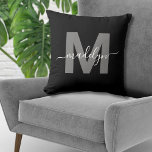 Personalised Black Initial Name Monogram Cushion<br><div class="desc">Personalised Black and White Initial Name Monogram Throw Pillow. This chic monogram pillow combines a modern minimalist, clean, and simple style with a sophisticated yet trendy vibe, making it a versatile accent piece. Featuring a bold grey initial over a sleek black background with an elegant white script calligraphy name, it’s...</div>