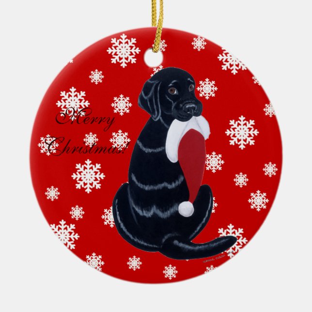 Personalised Black Lab Christmas Santa Hat Ceramic Tree Decoration (Front)