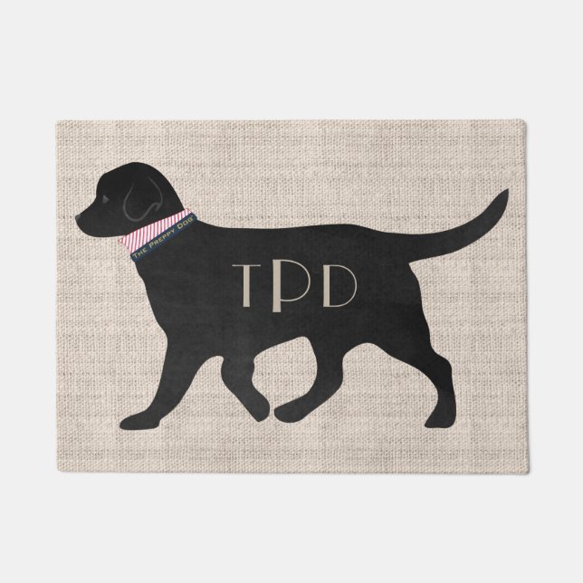 Personalised Black Lab Preppy Monogrammed Tan Jute Doormat (Front)
