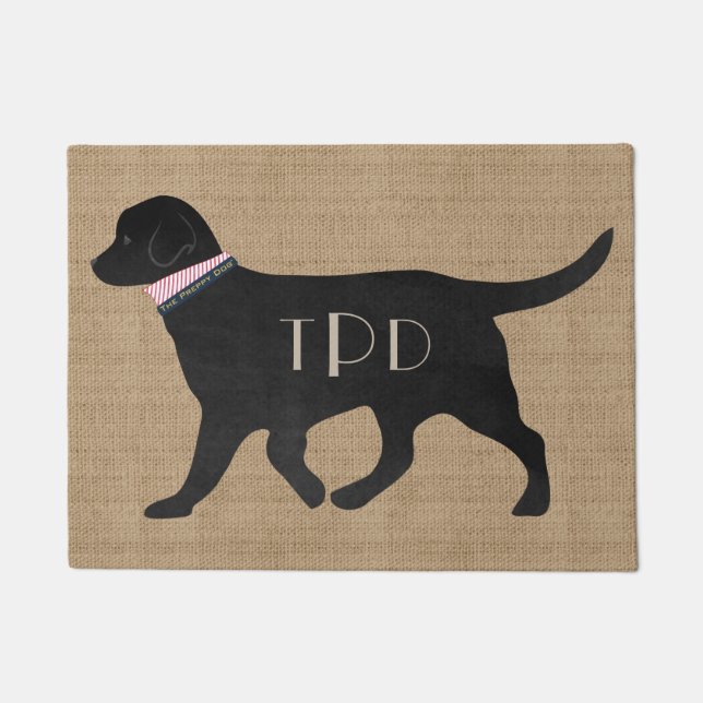 Personalised Black Lab Preppy Tan Jute Doormat (Front)