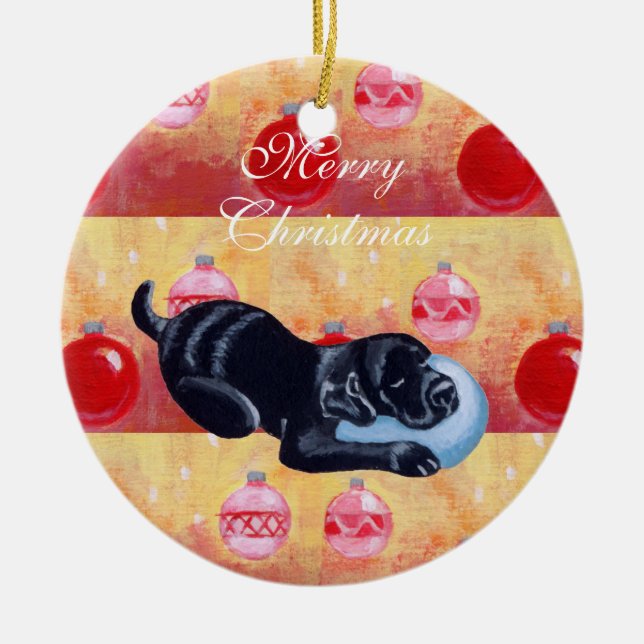 Personalised Black Lab Puppy Christmas Ceramic Tree Decoration (Front)