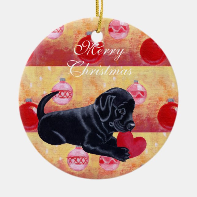 Personalised Black Lab Puppy Christmas Ceramic Tree Decoration (Front)