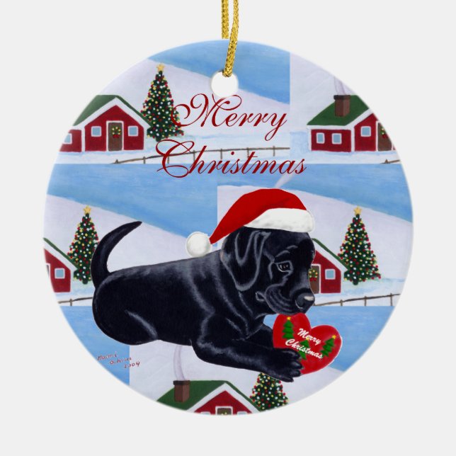Personalised Black Lab Puppy Christmas Ceramic Tree Decoration (Front)