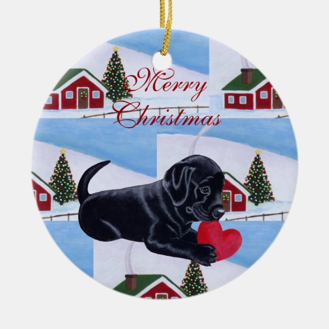 Personalised Black Lab Puppy Christmas Ceramic Tree Decoration (Front)