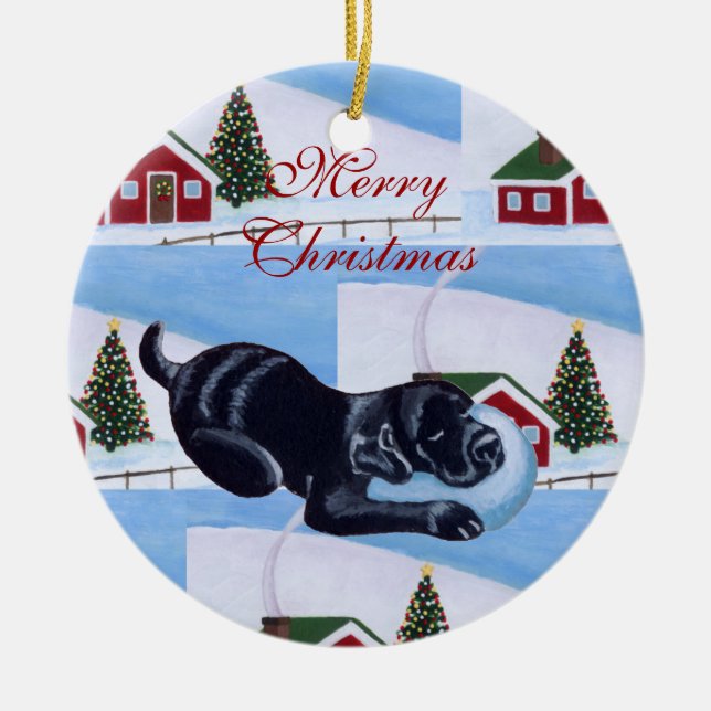 Personalised Black Lab Puppy Christmas Tree Ceramic Tree Decoration (Front)