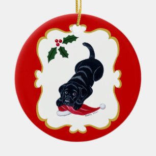 Personalised Black Lab Puppy with Santa Hat Ceramic Tree Decoration