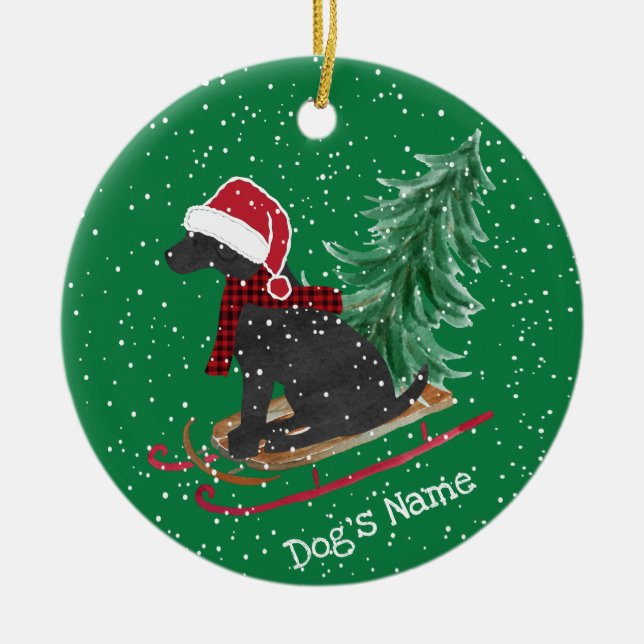 Personalised Black Lab Xmas Sled Ceramic Tree Decoration (Front)