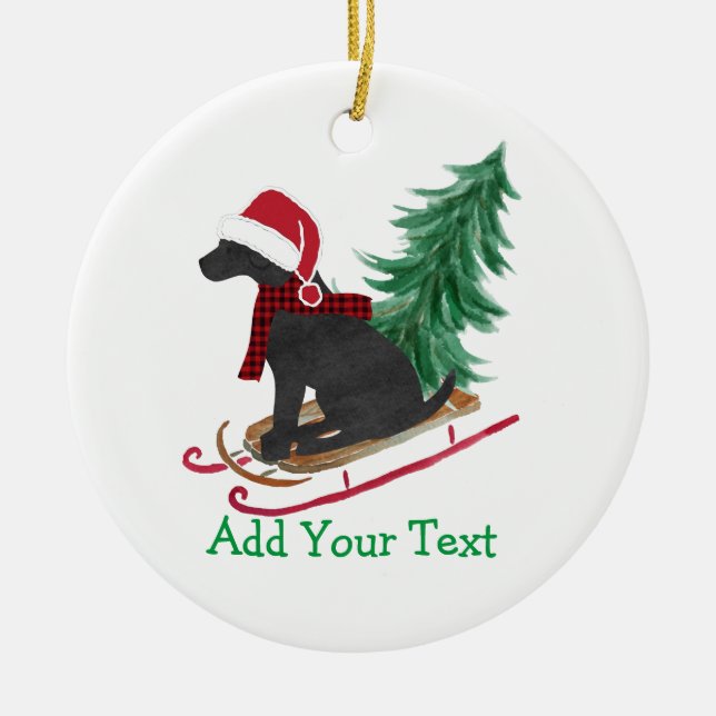 Personalised Black Lab Xmas Sled Ceramic Tree Decoration (Front)
