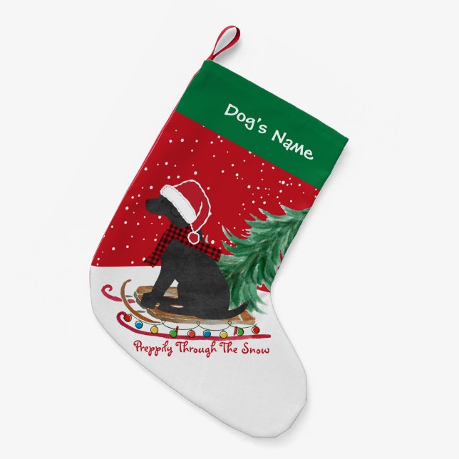 Personalised Black Lab Xmas Sled Red Small Christmas Stocking (Front (Hanging))