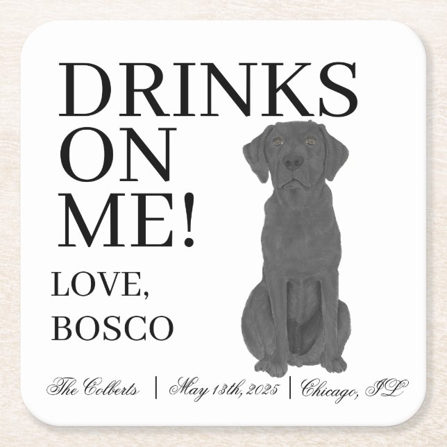 Personalised Black Labrador Dog Wedding Square Paper Coaster (Front)