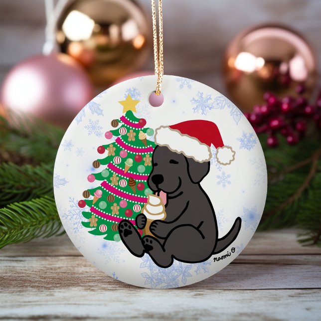 Personalised Black Labrador Ice Cream Ceramic Tree Decoration (Personalized Black Labrador Ice Cream Christmas Ornament for Black Labrador Owners.  Cartoon Style.)
