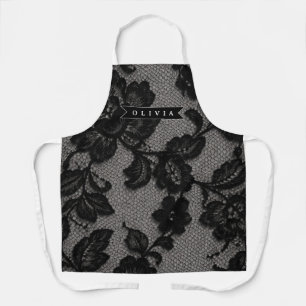 Personalised Black Lace Floral Elegant Monogram Apron