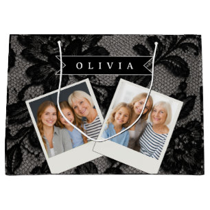Personalised Black Lace Floral Elegant Monogram Large Gift Bag