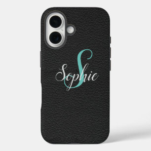 Personalised Black Leather Effect Monogrammed iPhone 16 Case