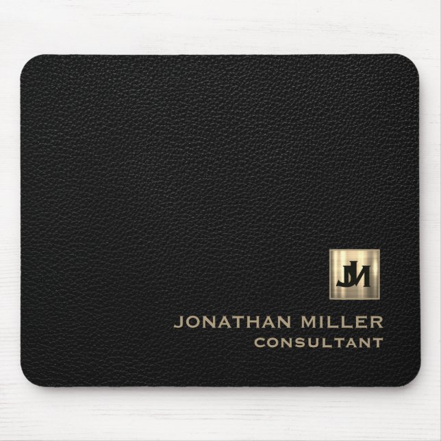 Personalised Black Leather Print Gold Monogram Mouse Mat (Front)