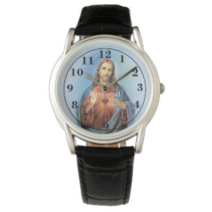 Personalised Black Leather Strap Watch/Jesus Watch