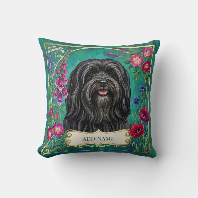 Personalised Black Lhasa Apso Floral Cushion (Front)