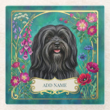 Personalised Black Lhasa Apso Floral Glass Coaster