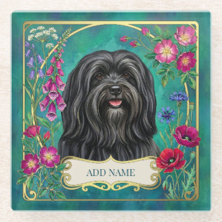 Personalised Black Lhasa Apso Floral Glass Coaster