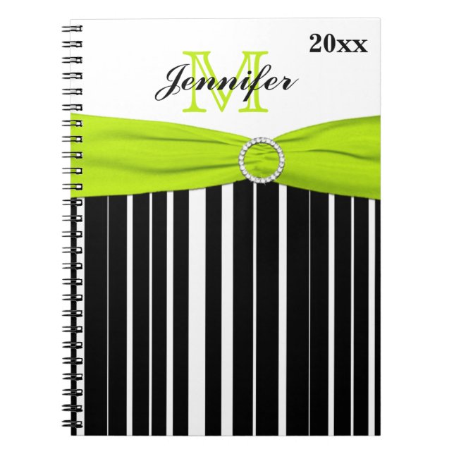 Personalised Black Lime White Striped Notebook (Front)