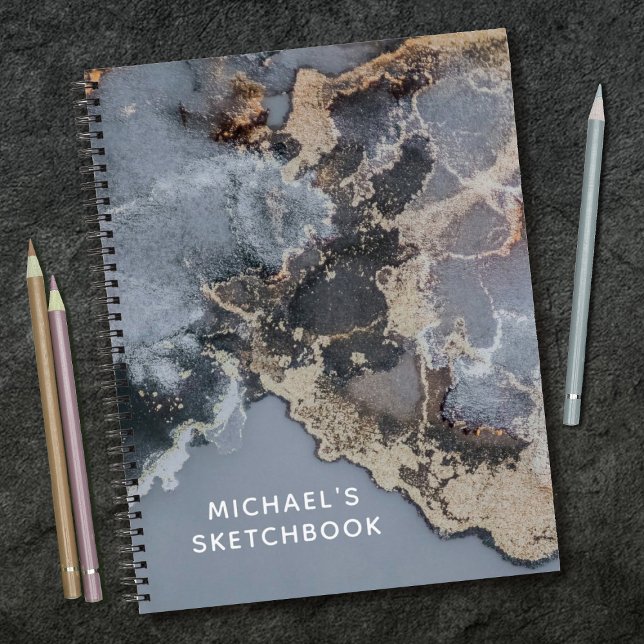 Personalised Black Marble Artist Sketchbook Notebook (A cool grey and black marble sketch book.)