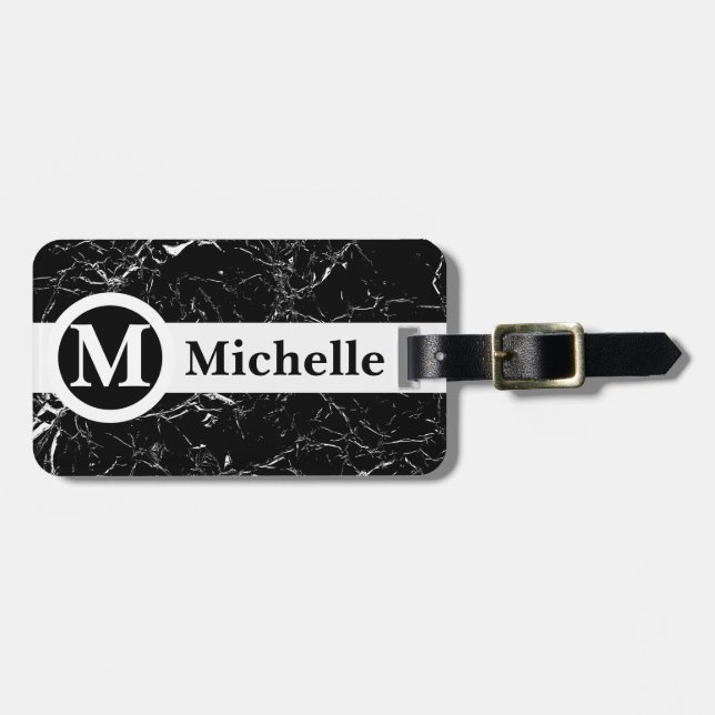 Personalised Black Marble Centerline Luggage Tag (Front Horizontal)