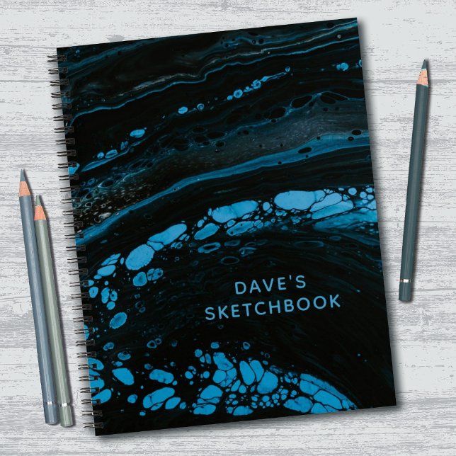 Personalised Black Marble Sketchbook Notebook (A cool black and blue marble sketchbook. Personalize it with your name.)