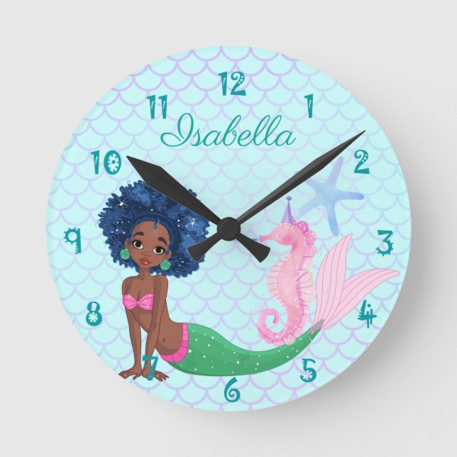 Personalised Black Mermaid  Round Clock (Front)
