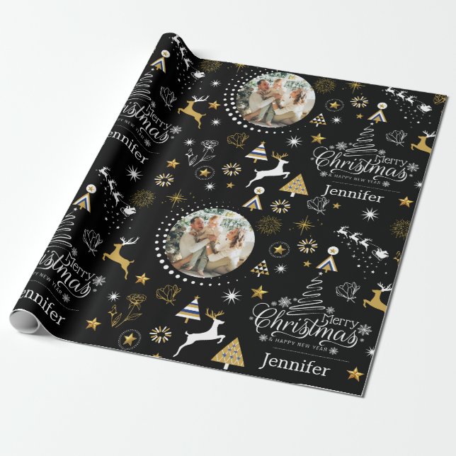 Personalised Black Merry Christmas gift Wrapping Paper (Unrolled)