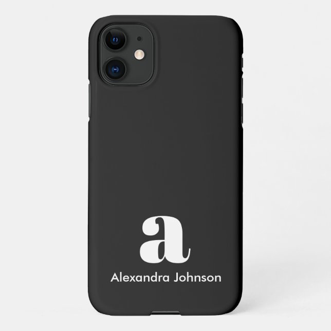 Personalised Black Modern Monogram Minimal  Name iPhone Case (Back)
