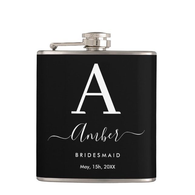 Personalised Black Monogram Bridesmaid Hip Flask (Front)