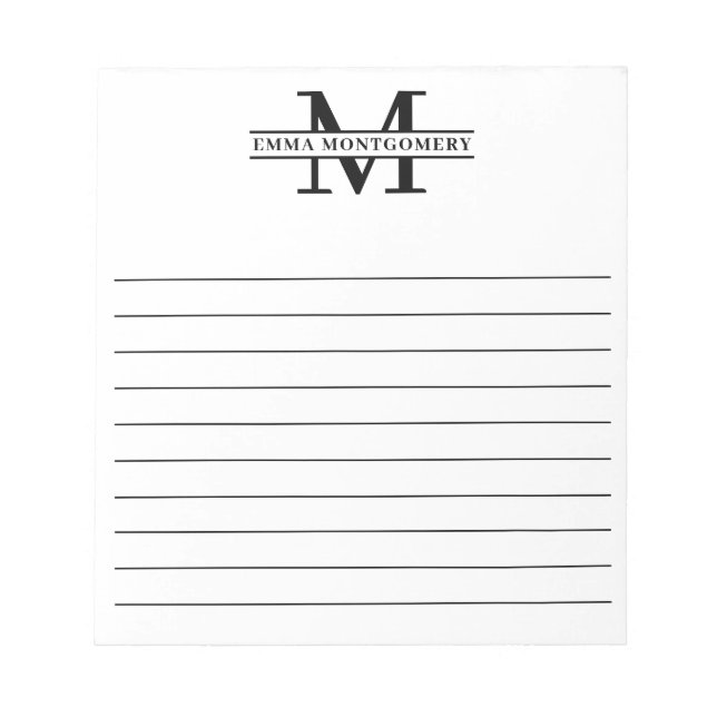 Personalised Black Monogram Name Lined Notepad (Front)