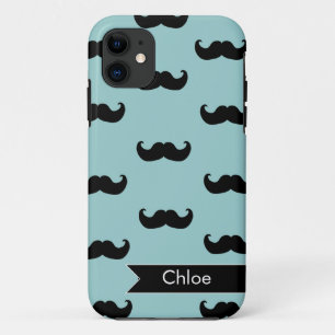 Personalised Black Moustache Pattern on blue iPhone 11 Case