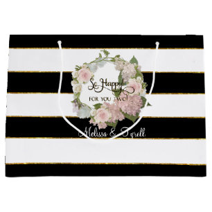 Personalised Black n White Striped Rose Hydrangeas Large Gift Bag