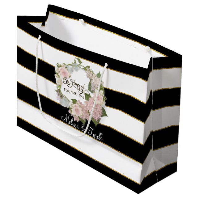 Personalised Black n White Striped Rose Hydrangeas Large Gift Bag (Front Angled)