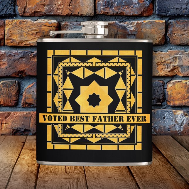 Personalised Black Ochre Father's Day Flask (Modern design flask with a black and ocher geometric pattern - Father's Day or his birthday)
