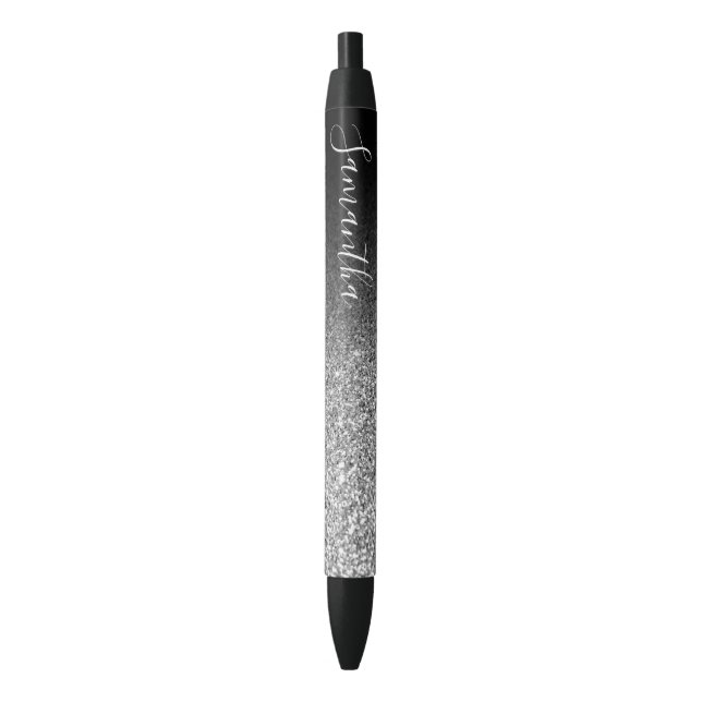 Personalised Black Ombre Silver Glitter Ink Pen (Front Vertical)